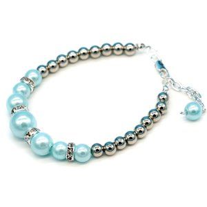 Bracelet Blue Pearls Rhinestones Hematite Beads Silver Lobster Clasp with Chain